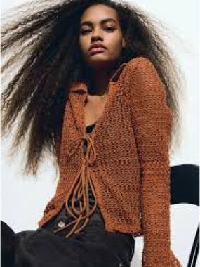 H&M Rust Orange Open-Knit Tie-Front Cardigan